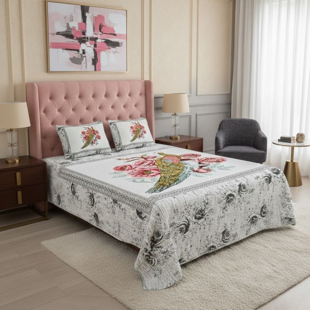 Majestic Peacock Dreams Pink & Blue Cotton Double Bedsheet